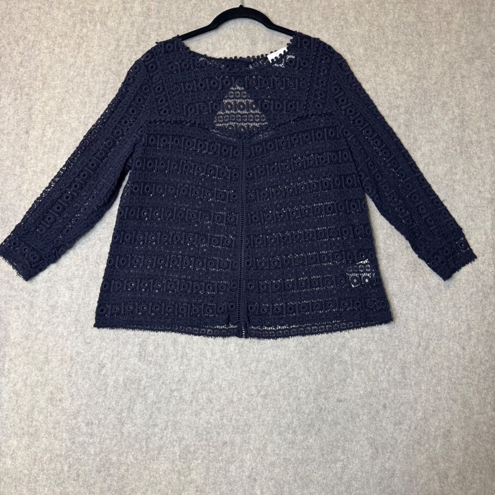 Sezane Eyelet Lace Blouse Womens 10 Navy Blue Long Sleeve Parisian Chic